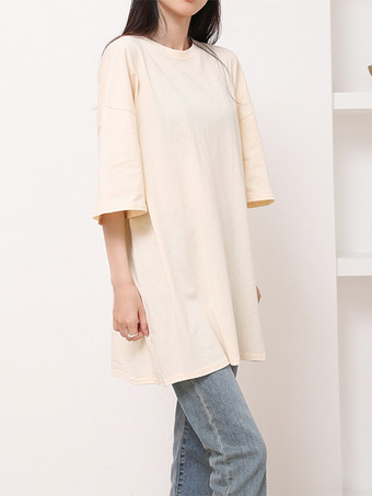 ライト アプリコットカジュアルジュエルネックネイビーブルーハーフスリーブトップスチュニックトップスレディースファッション