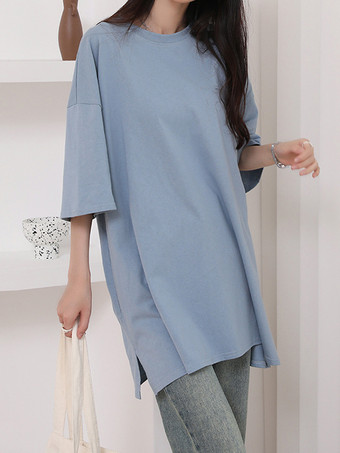 ネイビーブルーカジュアルジュエルネックネイビーブルーハーフスリーブトップスチュニックトップスレディースファッション