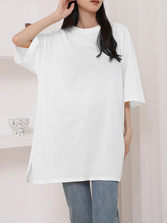 ホワイト カジュアルジュエルネックネイビーブルーハーフスリーブトップスチュニックトップスレディースファッション