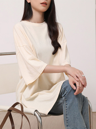 カジュアルジュエルネックネイビーブルーハーフスリーブトップスチュニックトップスレディースファッション