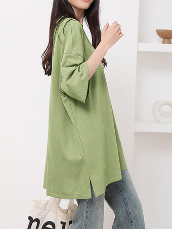 カジュアルジュエルネックネイビーブルーハーフスリーブトップスチュニックトップスレディースファッション