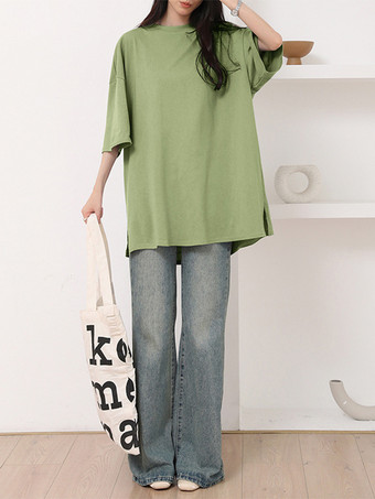 カジュアルジュエルネックネイビーブルーハーフスリーブトップスチュニックトップスレディースファッション