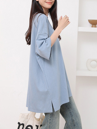 カジュアルジュエルネックネイビーブルーハーフスリーブトップスチュニックトップスレディースファッション