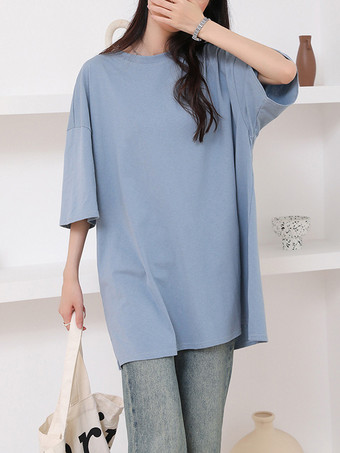 カジュアルジュエルネックネイビーブルーハーフスリーブトップスチュニックトップスレディースファッション