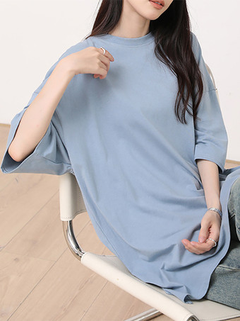 カジュアルジュエルネックネイビーブルーハーフスリーブトップスチュニックトップスレディースファッション