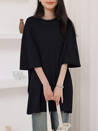 ブラック カジュアルジュエルネックネイビーブルーハーフスリーブトップスチュニックトップスレディースファッション