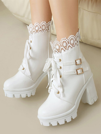 ホワイト スイートロリータブーツ PUレザー リボン ラウンドトゥ ピンク ロリータシューズ