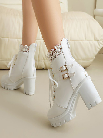 スイートロリータブーツ PUレザー リボン ラウンドトゥ ピンク ロリータシューズ