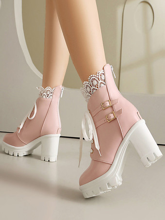 スイートロリータブーツ PUレザー リボン ラウンドトゥ ピンク ロリータシューズ