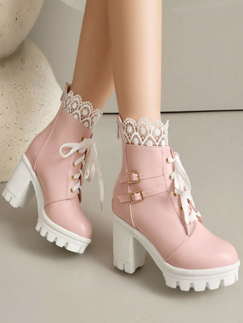 スイートロリータブーツ PUレザー リボン ラウンドトゥ ピンク ロリータシューズ