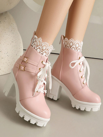 スイートロリータブーツ PUレザー リボン ラウンドトゥ ピンク ロリータシューズ