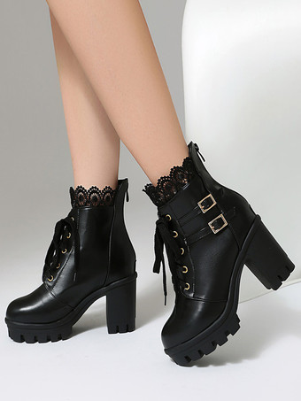 ブラック スイートロリータブーツ PUレザー リボン ラウンドトゥ ピンク ロリータシューズ