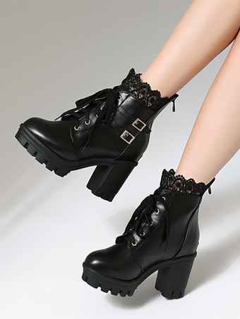 スイートロリータブーツ PUレザー リボン ラウンドトゥ ピンク ロリータシューズ