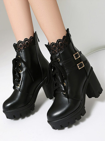 スイートロリータブーツ PUレザー リボン ラウンドトゥ ピンク ロリータシューズ