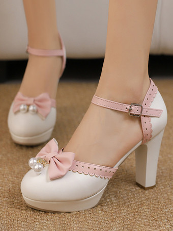ホワイト スイートロリータシューズ ホワイトリボン ラウンドトゥ PUレザー ロリータパンプス