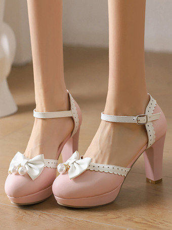 ピンクスイートロリータシューズ ホワイトリボン ラウンドトゥ PUレザー ロリータパンプス