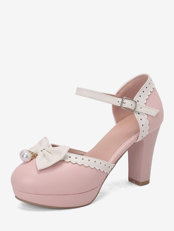 スイートロリータシューズ ホワイトリボン ラウンドトゥ PUレザー ロリータパンプス