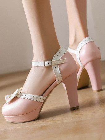 スイートロリータシューズ ホワイトリボン ラウンドトゥ PUレザー ロリータパンプス