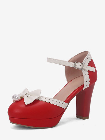 スイートロリータシューズ ホワイトリボン ラウンドトゥ PUレザー ロリータパンプス