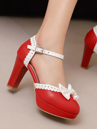 スイートロリータシューズ ホワイトリボン ラウンドトゥ PUレザー ロリータパンプス