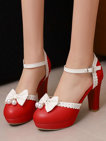 レッド スイートロリータシューズ ホワイトリボン ラウンドトゥ PUレザー ロリータパンプス