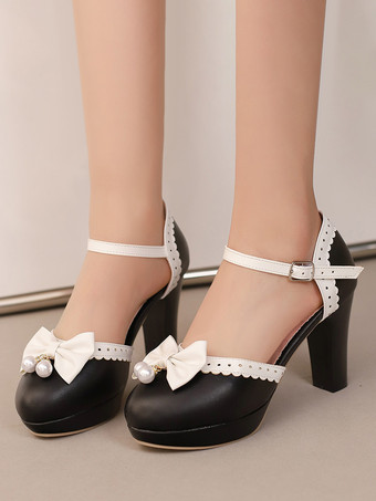 スイートロリータシューズ ホワイトリボン ラウンドトゥ PUレザー ロリータパンプス