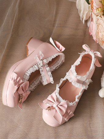 スイートロリータシューズ ホワイトリボン ラウンドトゥ PUレザー ロリータパンプス