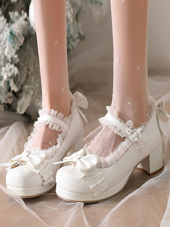 ホワイト スイートロリータシューズ ホワイトリボン ラウンドトゥ PUレザー ロリータパンプス