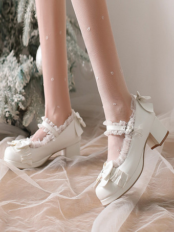 スイートロリータシューズ ホワイトリボン ラウンドトゥ PUレザー ロリータパンプス
