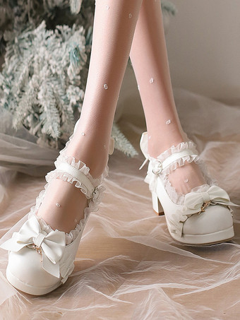 スイートロリータシューズ ホワイトリボン ラウンドトゥ PUレザー ロリータパンプス