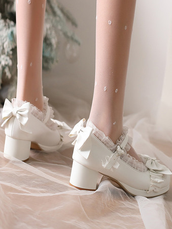スイートロリータシューズ ホワイトリボン ラウンドトゥ PUレザー ロリータパンプス