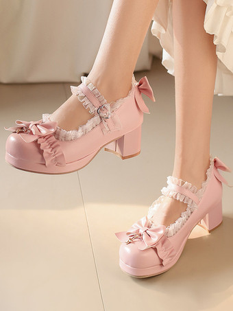 スイートロリータシューズ ホワイトリボン ラウンドトゥ PUレザー ロリータパンプス