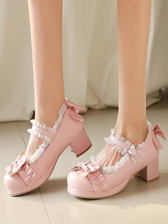 スイートロリータシューズ ホワイトリボン ラウンドトゥ PUレザー ロリータパンプス