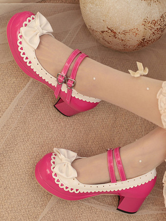 Sweet Lolita Shoes Rose Bows PU Leather Chunky Heel Color Block Lolita Shoes