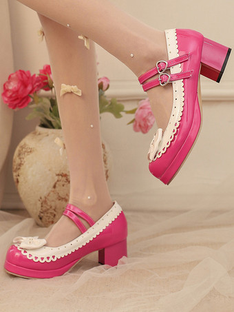 Sweet Lolita Shoes Rose Bows PU Leather Chunky Heel Color Block Lolita Shoes