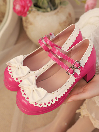 Sweet Lolita Shoes Rose Bows PU Leather Chunky Heel Color Block Lolita Shoes