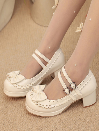 White Sweet Lolita Shoes Rose Bows PU Leather Chunky Heel Color Block Lolita Shoes
