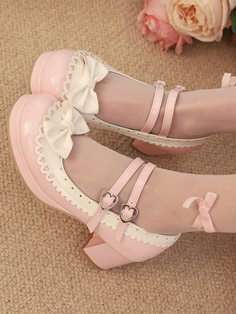 PinkSweet Lolita Shoes Rose Bows PU Leather Chunky Heel Color Block Lolita Shoes