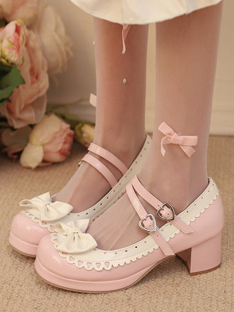 Sweet Lolita Shoes Rose Bows PU Leather Chunky Heel Color Block Lolita Shoes