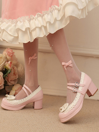 Sweet Lolita Shoes Rose Bows PU Leather Chunky Heel Color Block Lolita Shoes