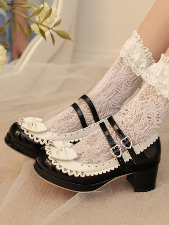 Black Sweet Lolita Shoes Rose Bows PU Leather Chunky Heel Color Block Lolita Shoes