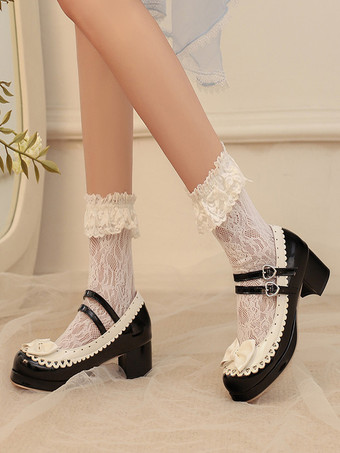 Sweet Lolita Shoes Rose Bows PU Leather Chunky Heel Color Block Lolita Shoes