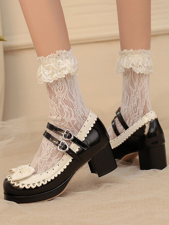 Sweet Lolita Shoes Rose Bows PU Leather Chunky Heel Color Block Lolita Shoes