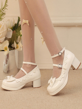 ホワイト スイートロリータシューズ ホワイトリボン ラウンドトゥ PUレザー ロリータパンプス