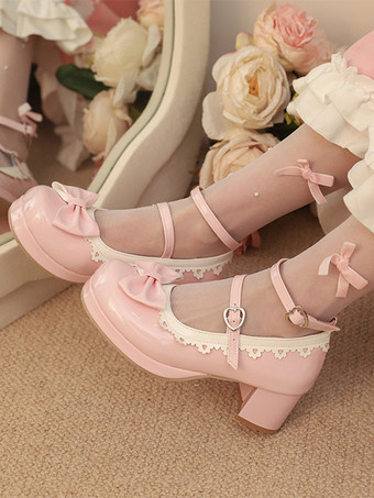ピンクスイートロリータシューズ ホワイトリボン ラウンドトゥ PUレザー ロリータパンプス