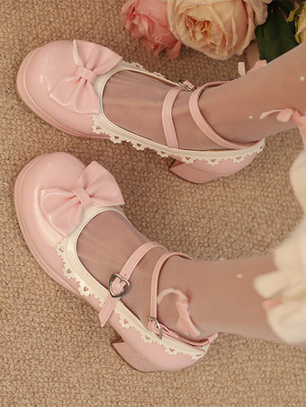 スイートロリータシューズ ホワイトリボン ラウンドトゥ PUレザー ロリータパンプス