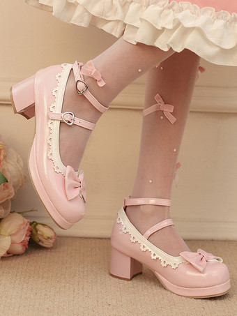 スイートロリータシューズ ホワイトリボン ラウンドトゥ PUレザー ロリータパンプス