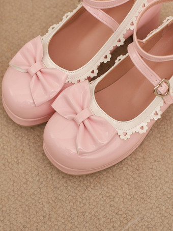 スイートロリータシューズ ホワイトリボン ラウンドトゥ PUレザー ロリータパンプス