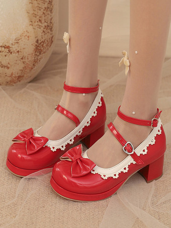 レッド スイートロリータシューズ ホワイトリボン ラウンドトゥ PUレザー ロリータパンプス