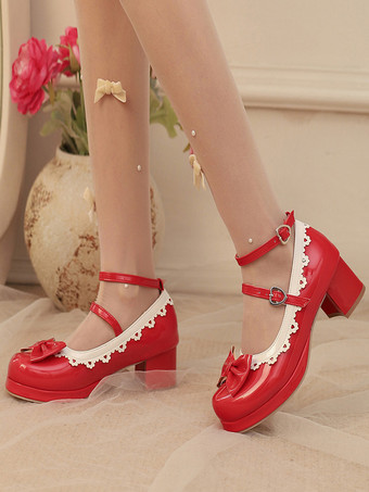 スイートロリータシューズ ホワイトリボン ラウンドトゥ PUレザー ロリータパンプス